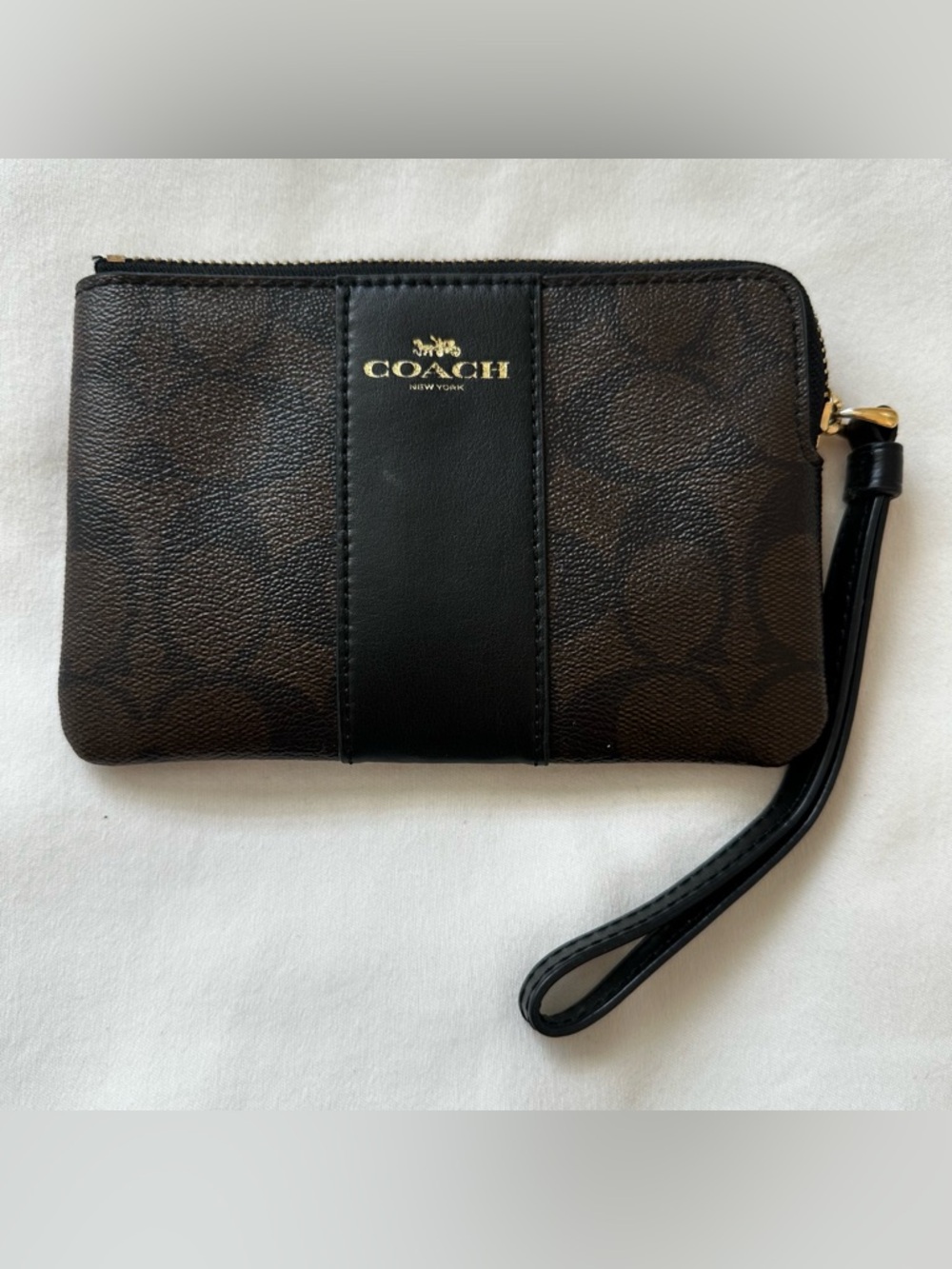 COACH Signature C Brown Black Canvas Leather Corner Zip Wristlet Clutch F58035